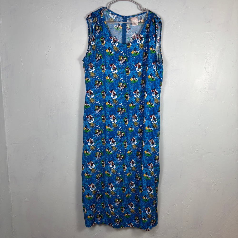 Vintage Disney store Hawaiian Tiki Floral Mickey & Minnie Blue Blue Dress